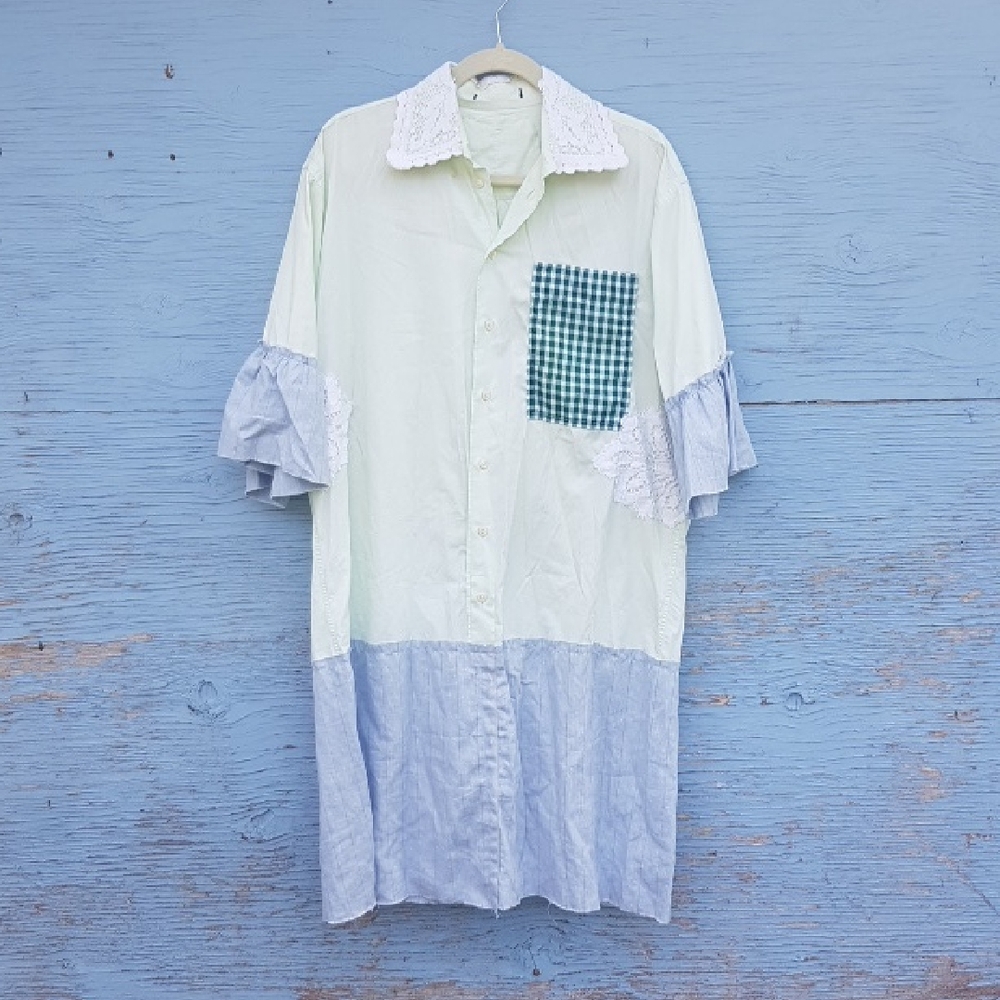 Patch & Roam pale green lace collar upcycled loose fit midi shirt